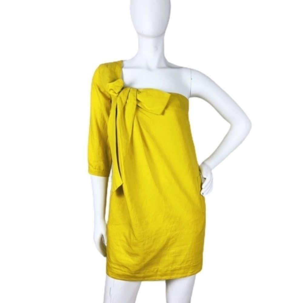 See By Chloe One Shoulder Bow Tie Yellow Linen Blend Mini Dress Size 6 Women's